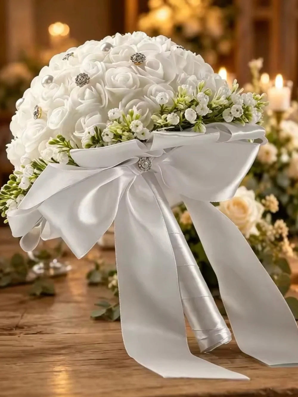 White Bridal Rose Bouquet with Pearl and Crystal Accents